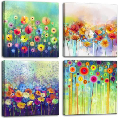 Colorful Floral Canvas Wall Art, Abstract Flowers Artwork Painting Prints Modern Watercolor Pictures Framed for Living Room Bedroom Bathroom Office Home Decor - 16"x16"x4 panel