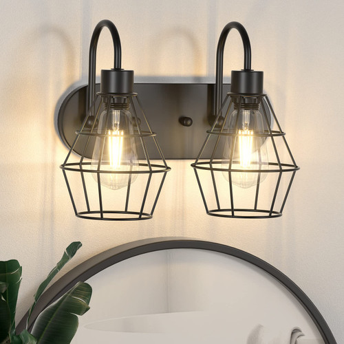 Elibbren Bathroom Vanity Light Fixtures, 2-Light Bathroom Lighting Fixtures Over Mirror with Cage, E26 Base Black Farmhouse Wall Sconces for Bedroom Living Room, UL Listed Elibbren Bathroom Vanity Light Fixtures, 2-Light Bathroom Lighting Fixtures Over Mirror with Cage, E26 Base Black Farmhouse Wall Sconces for Bedroom Living Room, UL Listed