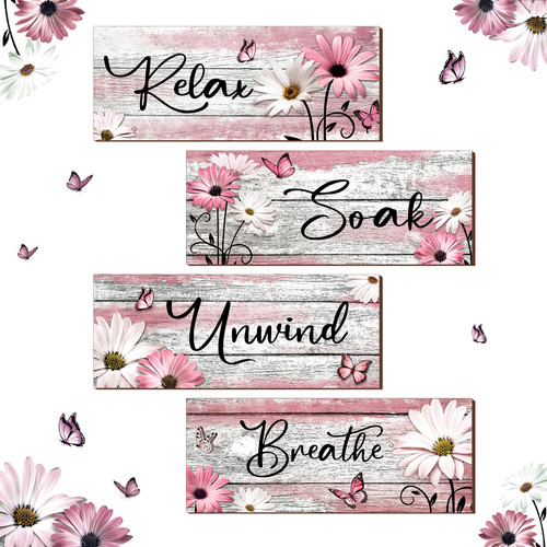 Sunnyray 4 Pcs Farmhouse Bathroom Wall Decor Sign Daisy Floral Flowers and Butterfly Bathroom Wall Art Relax Soak Unwind Breathe Rustic Wood Plaque for Home Spa Laundry (Pink,10 x 4 Inch)