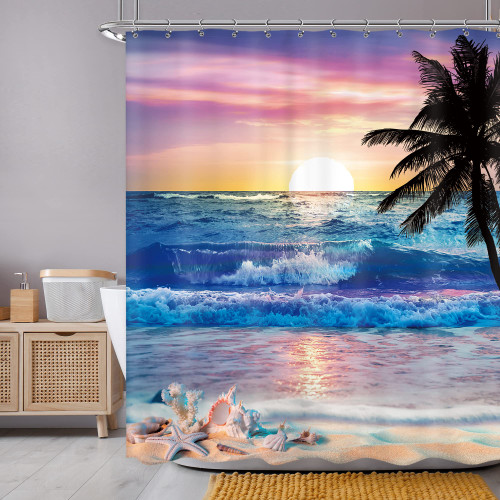 Newsely Ocean Sunrise Shower Curtain 60Wx72H Inch Beach Tropical Palm Tree Hawaiian Sunset Coastal Scenery Sea Wave Shower Curtain Bathroom Set Summer Waterproof Bath Decoration Accessories Home Decor