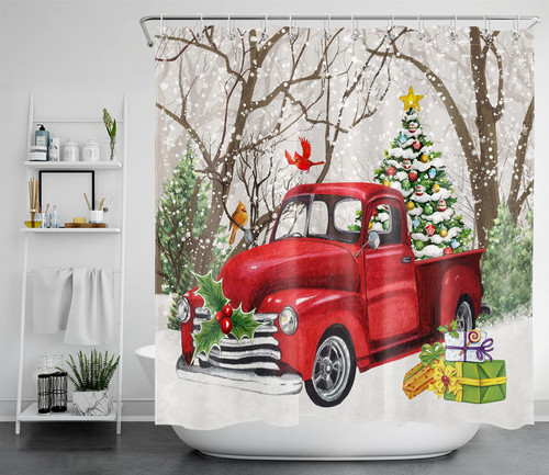 LB Farmhouse Christmas Shower Curtain Decor, Winter Snowy Xmas Tree on Rustic Vintage Red Truck Cardinals Shower Curtains 72X72 inch Polyester Fabric Bathroom Decoration Bath Curtains Hooks Included