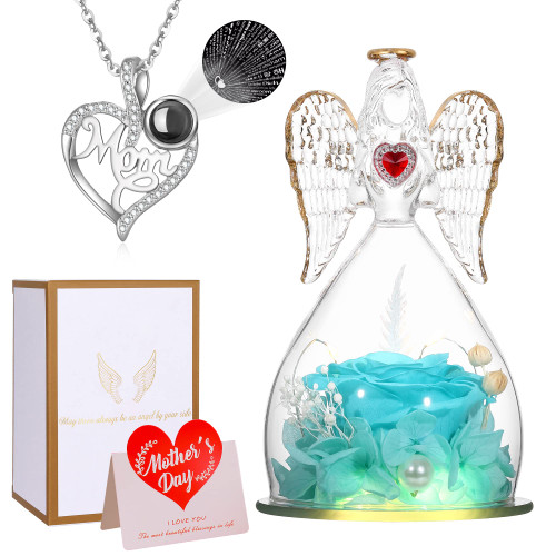 for Mom Real Rose in Angel Figurines with LED Light and Mom Necklace Gifts for Mom Women, Preserved Forever Flower Rose for Valentine's Day Mothers Day Birthday Gift - Tifny Blue for Mom Real Rose in Angel Figurines with LED Light and Mom Necklace Gifts for Mom Women, Preserved Forever Flower Rose for Valentine's Day Mothers Day Birthday Gift - Tifny Blue