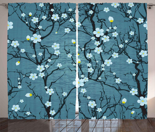 Ambesonne Floral Curtains, Sakura Tree Branches Pale Japanese Cherry Blossom Spring Form, Living Room Bedroom Window Drapes 2 Panel Set, 108" X 96", Blue
