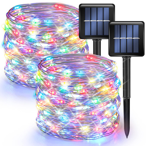 Dazzle Bright 2 Pack Solar String Lights Outdoor, 39.4 FT 120 LED Solar Powered Waterproof Fairy Lights 8 Modes, Copper Wire Lights for Christmas Patio Party Tree Yard Decoration (Multi-Colored)