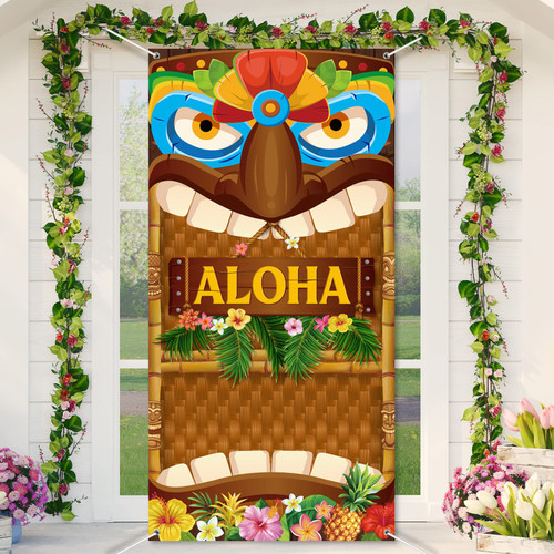 Panelee Aloha Door Cover Hawaiian Party Decoration Tiki Front Door Banner Fabric Luau Door Decor with Rope for Summer Tropical Hawaii Aloha Luau Party Decoration Supplies, 70.9 x 35.4 Inch