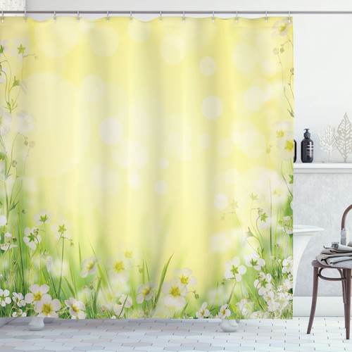 Ambesonne Flower Shower Curtain, Flowering Field with Fresh Grass Soft Springtime Pale Colored Blurred Image, Cloth Fabric Bathroom Decor Set with Hooks, 69" W x 70" L, Yellow Green