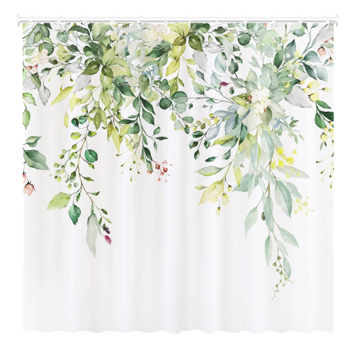 Funnytree 72x72 Inch Green Eucalyptus Shower Curtain Set with 12 Hooks - Lightweight, Water-Repellent for Bathrooms, Bathtubs