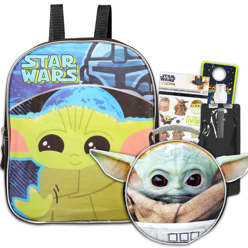 Baby Yoda Mini Backpack with Lunch Box Set - Bundle with 11" Baby Yoda Backpack, Mandalorian Lunch Bag, Water Bottle, Stickers, More | Star Wars Backpack for Boys