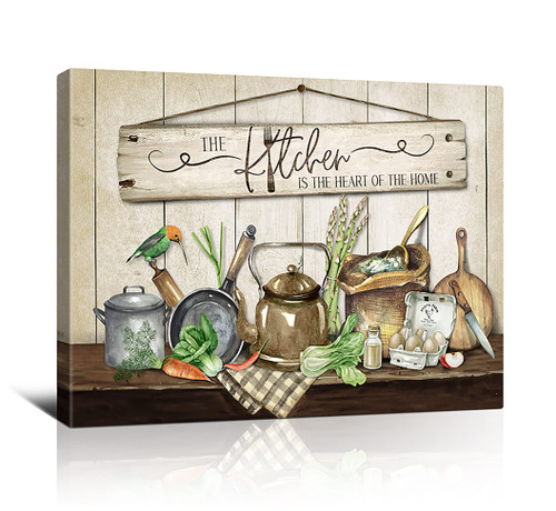 Rustic Kitchen Wall Art Canvas Prints Painting Country Vegetables Kettle Food Kitchenware Pictures Framed Artwork Farmhouse Wall Decor For Canteen Restaurant Dining Living Room 12x16inch