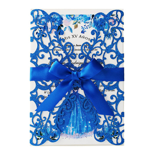 KUCHYNEE 20PCS Royal Blue Glitter Wedding Invitation Kits 5x7.3 Inch Laser Cut Hollow Floral Pocket Wedding Invitations with Envelopes For Wedding Quincenera Invite