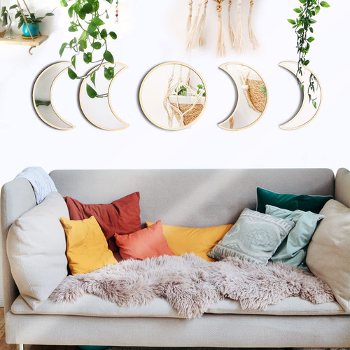 FPVERA 5 PCS Scandinavian Boho Decor Moon Wall Mirror Decor Bohemian Nordic Moon Mirror Wall Art Decoration for Home Living Room Bedroom - Boho Moon Mirror Wall Decor (Beige, Acrylic)