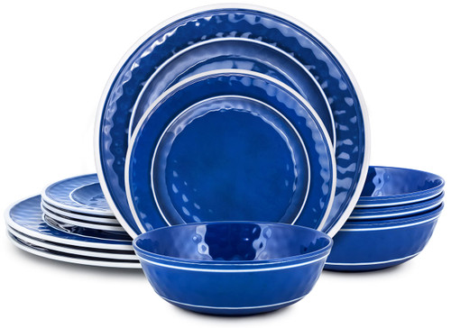 Melamine Dinnerware Sets for 4 | Blue Dish Set for 4 | Melamine Dinner Plates Set | Blue and White Melamine Plates | Blue Dinner Plates Set | Blue Melamine Plates | 12 pcs Dishwasher Safe - Sea Blue