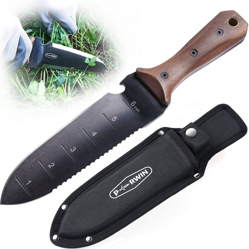 PERWIN Hori Hori Garden Knife, Garden Tools with Sheath for Weeding,Planting,Digging, 7" Stainless Steel Blade with Cutting Edge, Full-Tang Wood Handle with Hanging Hole