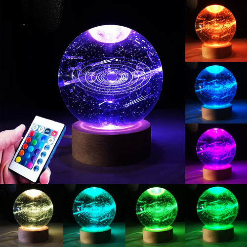 Galaxy Light, 3.15 Inch 3D Solar System Crystal Ball Night Light, 16 Color Change Galaxy Glass Ball Space Lamp with Remote Control LED Wooden Base, Astronomy gifts for Kids, Boys Girls (Solar System)