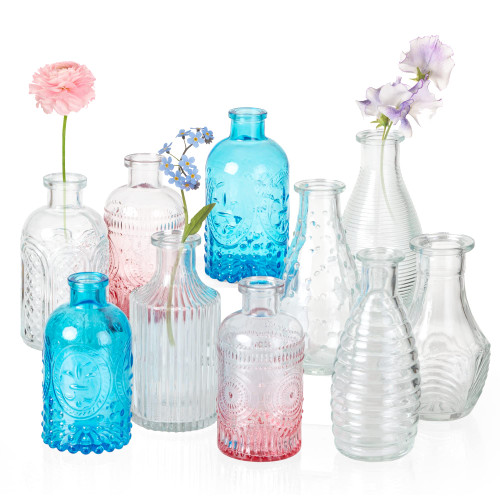 Crutello Glass Bud Vase Set of 10, Pink Glass Vase, Blue Glass Vase, Small Glass Vases for Flowers, Clear Vases for Wedding Centerpieces, Fluted Vase, Ribbed Glass Vase, Colored Glass Vase