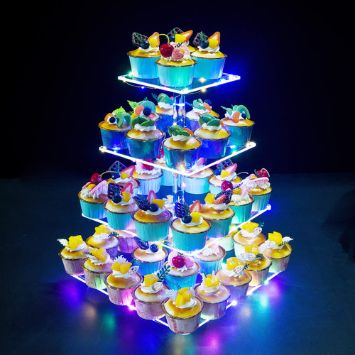 OLACHIKKO Cupcake Stand, 4-Tier Square Cupcake Holder with LED Light String, Acrylic Cupcake Tower Display-Dessert Tower-Pastry Stand-Cupcake Tier Stand for Wedding, Birthday Party (Colorful Light)