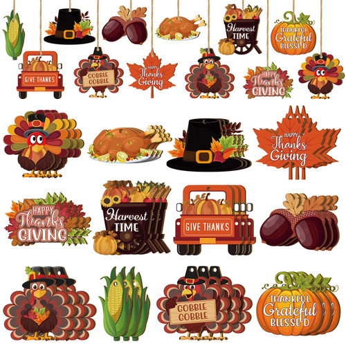 Leinuosen 36 Pcs Thanksgiving Fall Wood Ornaments for Tree Thanksgiving Turkey Pumpkin Maple Leaves Truck Cutouts Thanksgiving Decorations Fall Tree Hanging Sign Autumn Wooden Ornament for Home Party