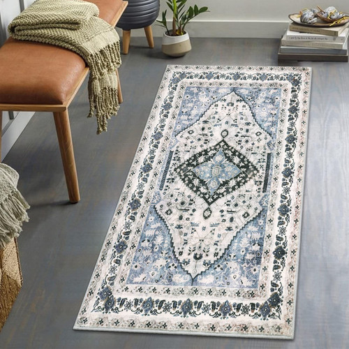 Beeiva Persian Rug Runners for Hallways Entryway, 2x4 Blue Boho Floral Kitchen Runner Rug Non-Slip, Non-Shedding Rugs for Bedroom Faux Wool Hallway Runner Rug for Entryway Bathroom