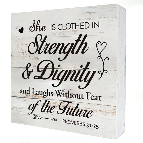 Inspirational Bible Verse She is Clothed in Strength Wooden Box Sign Desk Decor Rustic Scripture Wood Block Plaque Box Sign for Home Living Room Office Shelf Table Decoration (5 X 5 Inch)
