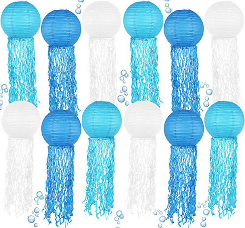 12 Pack 12 Inch Jellyfish Paper Lanterns, Blue White Jelly Fish Hanging Paper Lanterns for Under The Sea Mermaid Party Decorations, Mermaid Wishes Lantern Ocean Themed Party Birthday Decoration