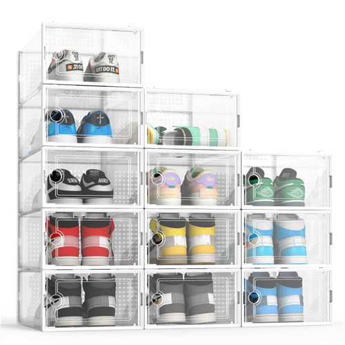 Hrrsaki Large 12 Pack Foldable Shoe Storage Boxes, Shoe Boxes Clear Plastic Stackable, Shoe Organizer Boxes with Front Opening Lids, Shoe Container Boxes for Closet, Bedroom, Bathroom, White