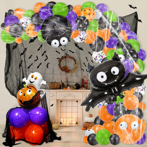 LINAYE Halloween Balloons Garland Arch XXL Kit - Orange Black Green Purple Eye Confetti Balloons with Giant Bat Ghost&Pumpkin Foil Balloon,Creepy Cloth,3D Bats,Spider Web Halloween Party Decorations LINAYE Halloween Balloons Garland Arch XXL Kit - Orange Black Green Purple Eye Confetti Balloons with Giant Bat Ghost&Pumpkin Foil Balloon,Creepy Cloth,3D Bats,Spider Web Halloween Party Decorations