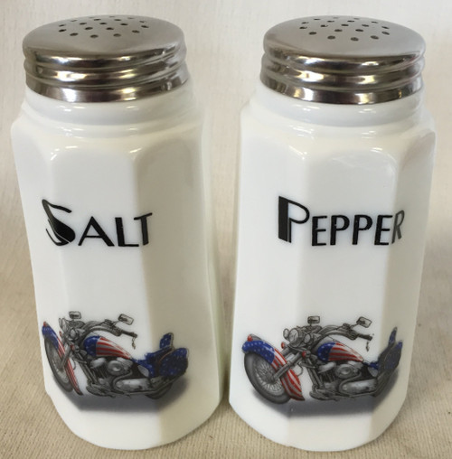 Salt & Pepper Shaker Set - Paneled Pattern - Milk Glass - Mosser Glass - American Made - Motorcycles - Harley Davidson