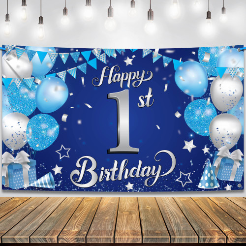 KatchOn, Happy 1st Birthday Banner - 72x44 Inch, Xtralarge | Blue and Silver First Birthday Backdrop for first Birthday Decorations for Boys | Happy Birthday Banner, 1st Birthday Decorations