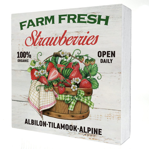 Farm Fresh Strawberries Wooden Box Sign Desk Decor Rustic Strawberry Farm Wood Block Plaque Box Sign for Home Kitchen Shelf Table Decoration (5 X 5 Inch)