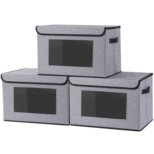 YheenLf Fabric Storage boxes,Storage Baskets for Shelves with Lids, Fabric Storage Bins with Handles, Decorative Linen Closet Organizers Boxes,Medium, Gray, 3-Pack