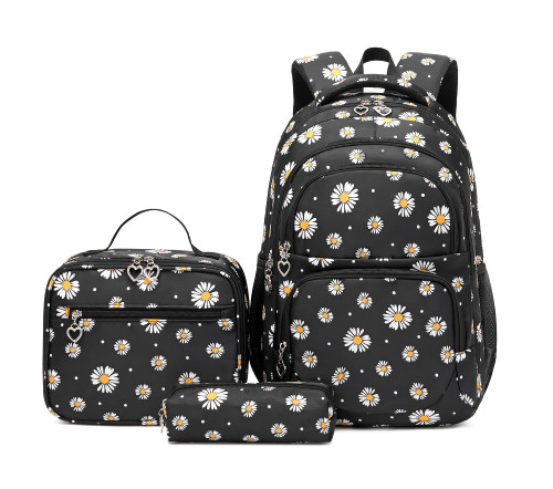 Daisy-Print School Backpack Set with Lunch Kits Bookbag for Teenager Girls 3pcs Gradient SchoolBag for Primary Student