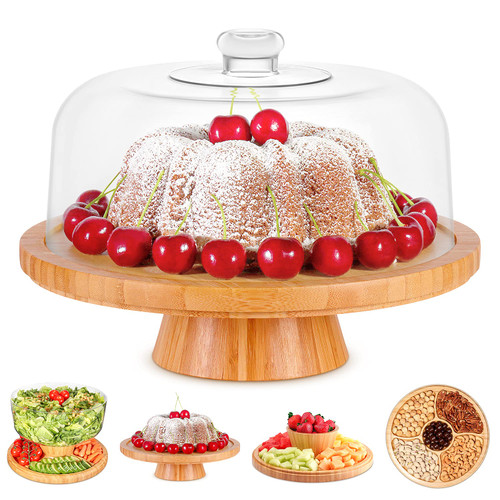 Bamboo Cake Stand with Clear Acrylic Dome Cover - 6-in-1 Multifunctional Cake Holder, Serving Platter, Salad Bowl, Punch Bowl, Veggie Stand, Snack Tray - Extra Large Cake Platter, 12.8 x 12.5 x 6.8