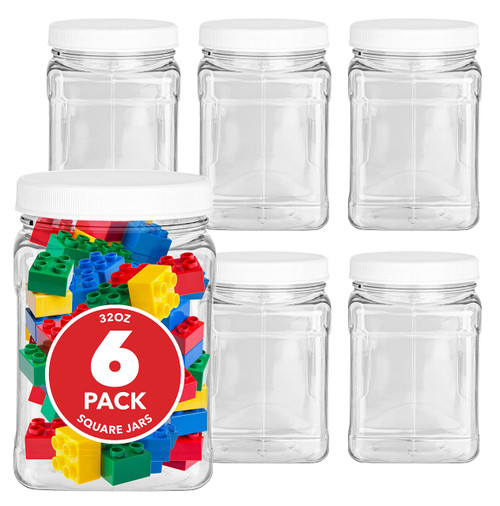 Stock Your Home Plastic Storage Jars (6 Pack) - 32 Oz Square Plastic Canisters with Lids - Shatterproof Plastic Storage Jars with Lids - Reusable Wide Mouth Clear Plastic Containers with Lids