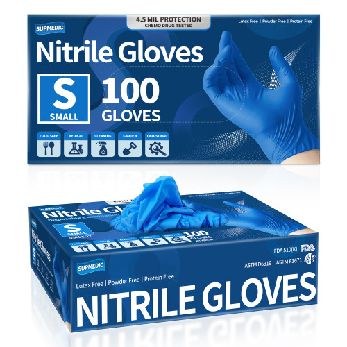 Supmedic Blue Nitrile Exam Glove, 4.5 mil Powder-Free Latex-Free Disposable Medical Gloves, Box of 100 pcs (Blue)(Small) Supmedic Blue Nitrile Exam Glove, 4.5 mil Powder-Free Latex-Free Disposable Medical Gloves, Box of 100 pcs (Blue)(Small)