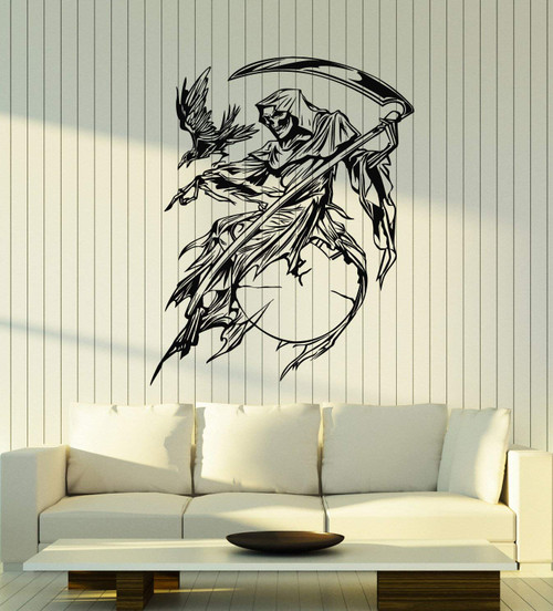 Vinyl Wall Decal Gothic Style Death with Scythe Horror Skull Raven Stickers Mural Large Decor (g4823) Black Vinyl Wall Decal Gothic Style Death with Scythe Horror Skull Raven Stickers Mural Large Decor (g4823) Black
