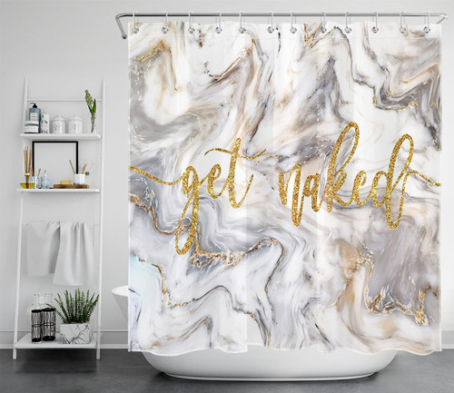 LB Marble Get Naked Shower Curtain for Bathroom, Gold Funny Words Get Naked Modern Abstract White and Grey Marble Texture Fabric Bathroom Decor Set with Shower Curtain Hooks, 72x72 Inches
