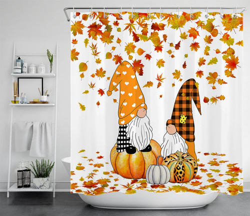LB Fall Gnomes Shower Curtain Pumpkin Maple Leaves Autumn Farmhouse Shower Curtains for Bathroom Set Decor with Hooks 72x72 inch Fabric,Machine Washable