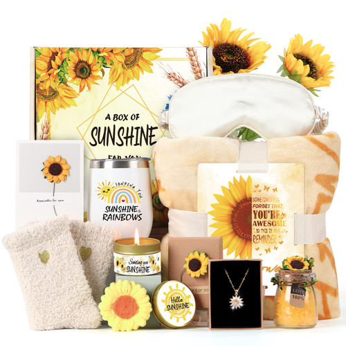 Sending Sunshine Gift, 11pcs Birthday Gifts Care Package Get Well Soon Gifts Basket for Friend Sister Her Mom with Inspirational Tumbler Blanket
