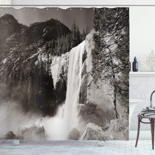 Ambesonne Yosemite Shower Curtain, Waterfalls in Yosemite National Park in California Monochromic Old Picture Print, Cloth Fabric Bathroom Decor Set with Hooks, 69" W x 70" L, Black White
