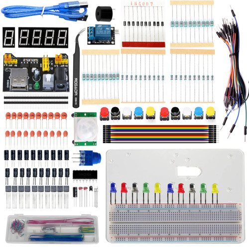 MOGAOPI Electronics Component Fun Kit, Component for Arduino/Raspberry Pi, Breadboard, Power Supply Module, Jumper Wire, LED Diode, Resistors, Tact Switch, Potentiometer, Capacitor, Transistor