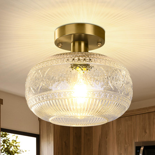 ONELEJA Semi Flush Mount Ceiling Light, Hallway Light Fixture, Globe Glass Ceiling Light, Industrial Light Fixtures, Farmhouse Kitchen Light, Modern Ceiling Lamp for Porch Entryway Bedroom(Gold)