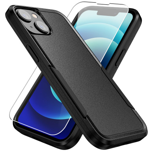 Warsia for iPhone 14 Case, iPhone 13 Case, with Screen Protector, Heavy-Duty Tough Rugged Shockproof Protective Case for iPhone 14/13, Black