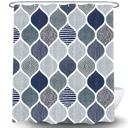 Boho Blue and Grey Shower Curtain for Bathroom, Dark Navy Blue Gray Geometric Stall Fabric Shower Curtains Set, Modern Fun Paisley White Restroom Decor Accessories with Hooks 72X72