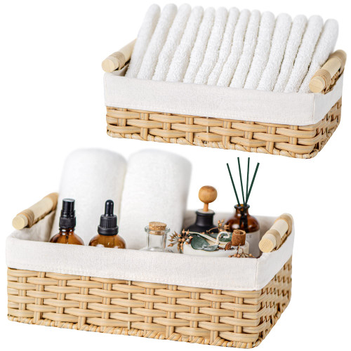 GRANNY SAYS Wicker Baskets with Liner, Rattan Baskets Organizer for Shelves, Small Decorative Wicker Baskets for Home Decor, Back of Toilet Storage Basket for Organizing, Set of 2