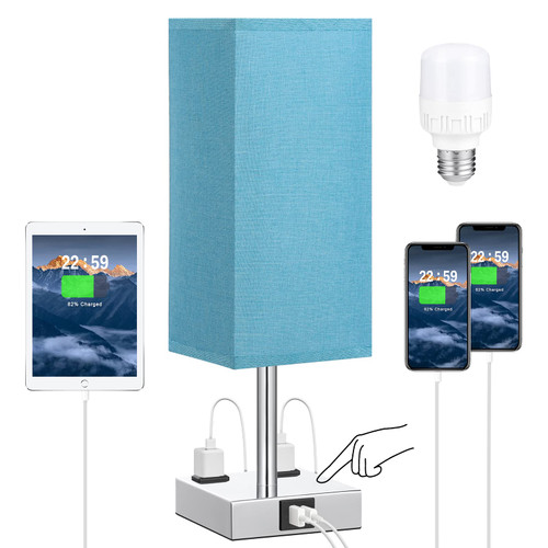 Bedside Lamp with USB Port and Outlet, 3-Way Dimmable Touch Lamp with USB Charging Port for Bedroom, Small Blue Table Lamp with Charger for Nightstand Living Room Office Desk (LED Bulb Included)