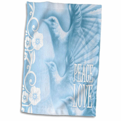 3D Rose Flying Doves with Words Peace and Love in Blue and White Hand Towel, 15" x 22"