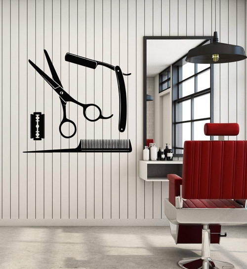 Vinyl Wall Decal Man's Hair Barbershop Barber Tools Shaving Stickers Mural Large Decor (g3268) Black