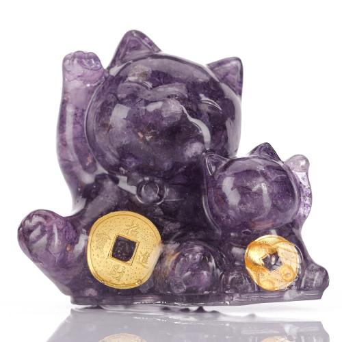 Reyife Crystal Lucky Cat Figurine Hand Carved Mother and Child Double Money Cats Maneki Neko Statue Feng Shui Decoration for Home Office Attract Good Luck Money Wealth(Amethyst)