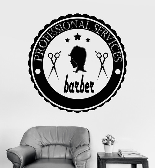 Large Vinyl Wall Decal Barber Logo Hair Salon Hairdresser Barbershop Stickers (ig3563) White