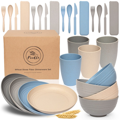 FOODLE Wheat Straw Dinnerware Sets for 4 - Lightweight & Unbreakable Camping Dishes - Microwave & Dishwasher Safe - Perfect for Picnic, Dorm, RV - Plates, Cups and Bowls Set - Great for Kids & Adults